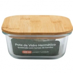Pote quadrado tampa bambu 520ml.