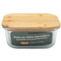 Pote de vidro tampa bambu 780ml.